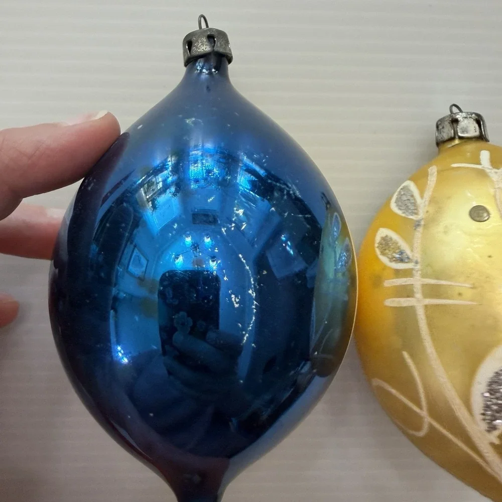 Vintage Hand-Painted Mercury Glass Christmas Ornaments Set Of 2